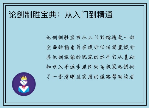 论剑制胜宝典：从入门到精通